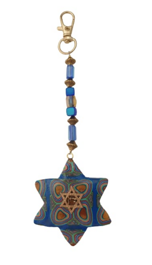 Blue and Gold Star of David Clay Keychain