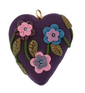 Purple Clay Heart w/ Flowers Keychain Pendant