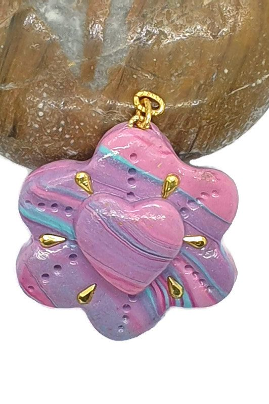 Pink and Turquoise Clay Flower with Heart Keychain Pendant