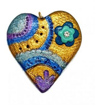 Colorful Gold and Blue Clay Heart Keychain Pendant