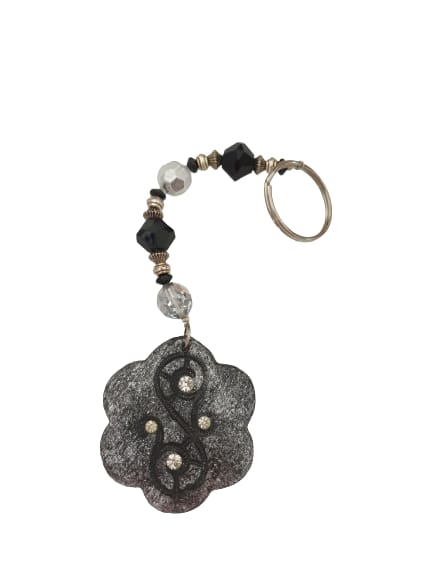 Handmade Israeli Black and Silver Clay Floral Keychain
