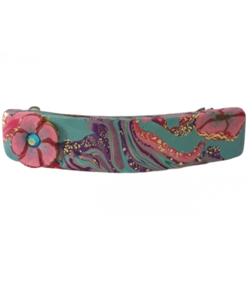 Turquoise Clay Barrette with Red Flower