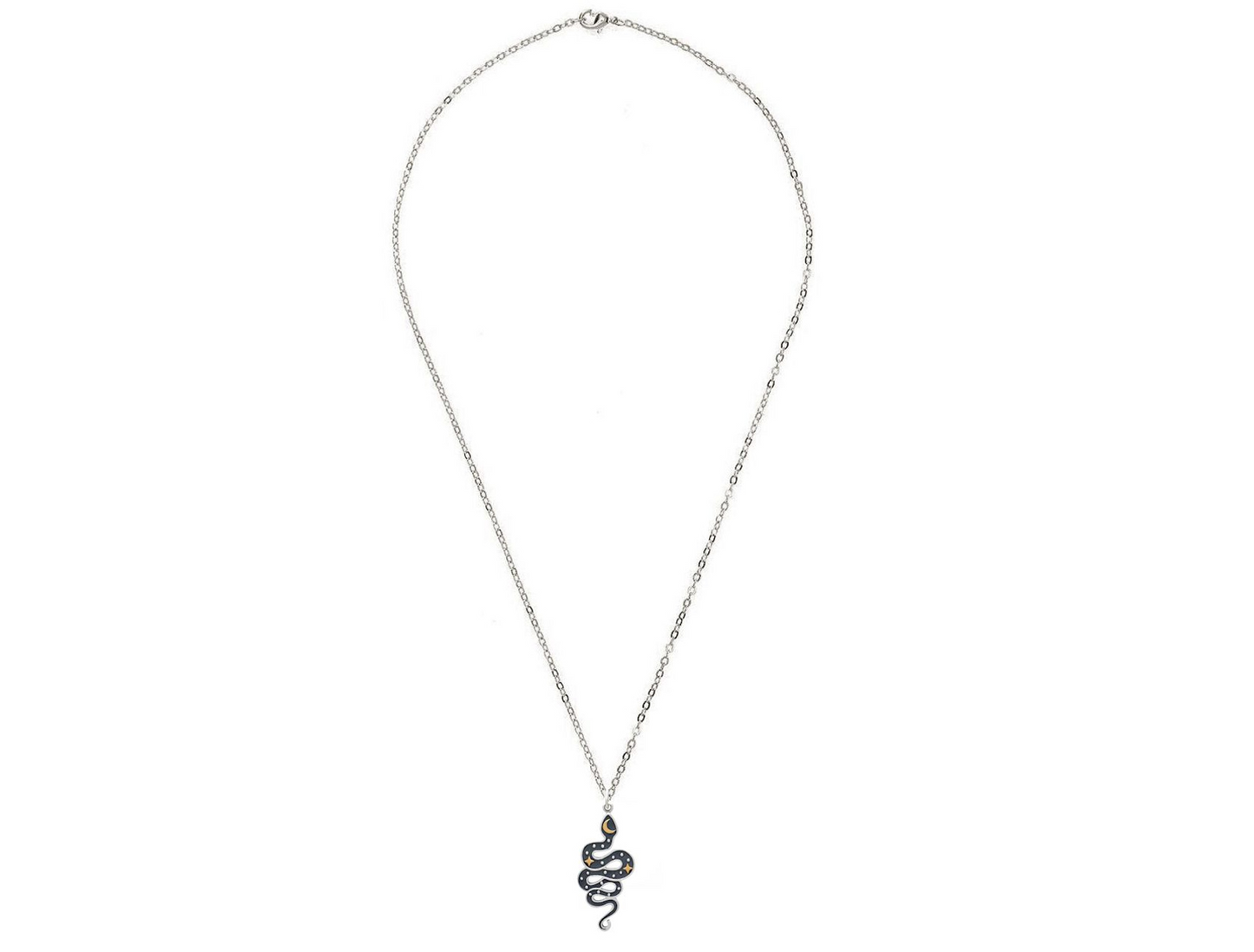 Handcrafted Mystical Snake Pendant Necklace: silver with golden moon and stars