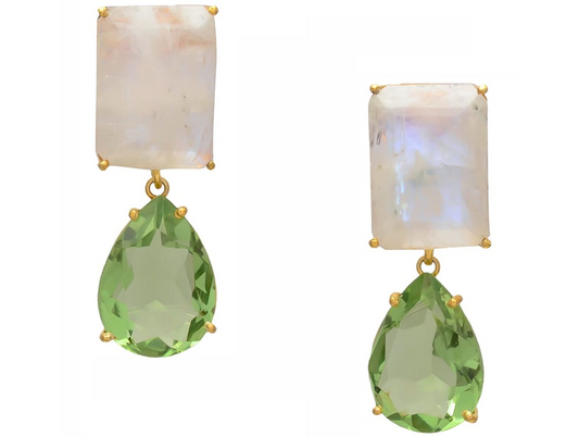 Handcrafted Moongemstone and Prasiolite Drop Earrings: silver gold plated