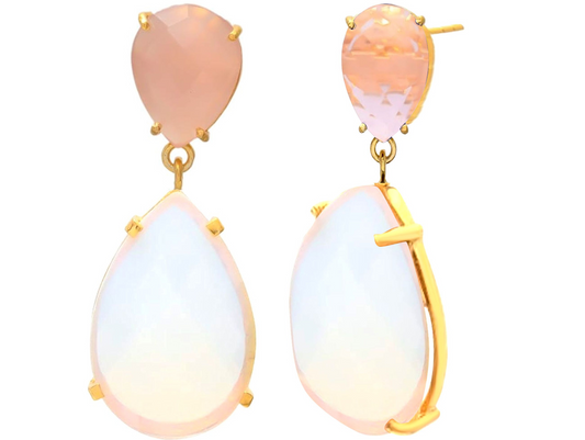Handcrafted Pink Chalcedony with Rock Crystal Drop Earrings: silver gold plated