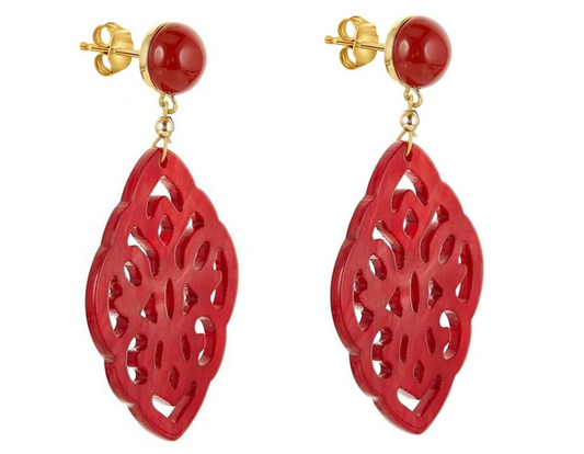 Handcrafted Red Carnelian Cabochon Tortoiseshell Resin Drops: silver high-quality gold plated