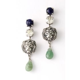Amaro Lion of Judah Dangle Earrings with Semi- Precious Green and Blue Gemstones
