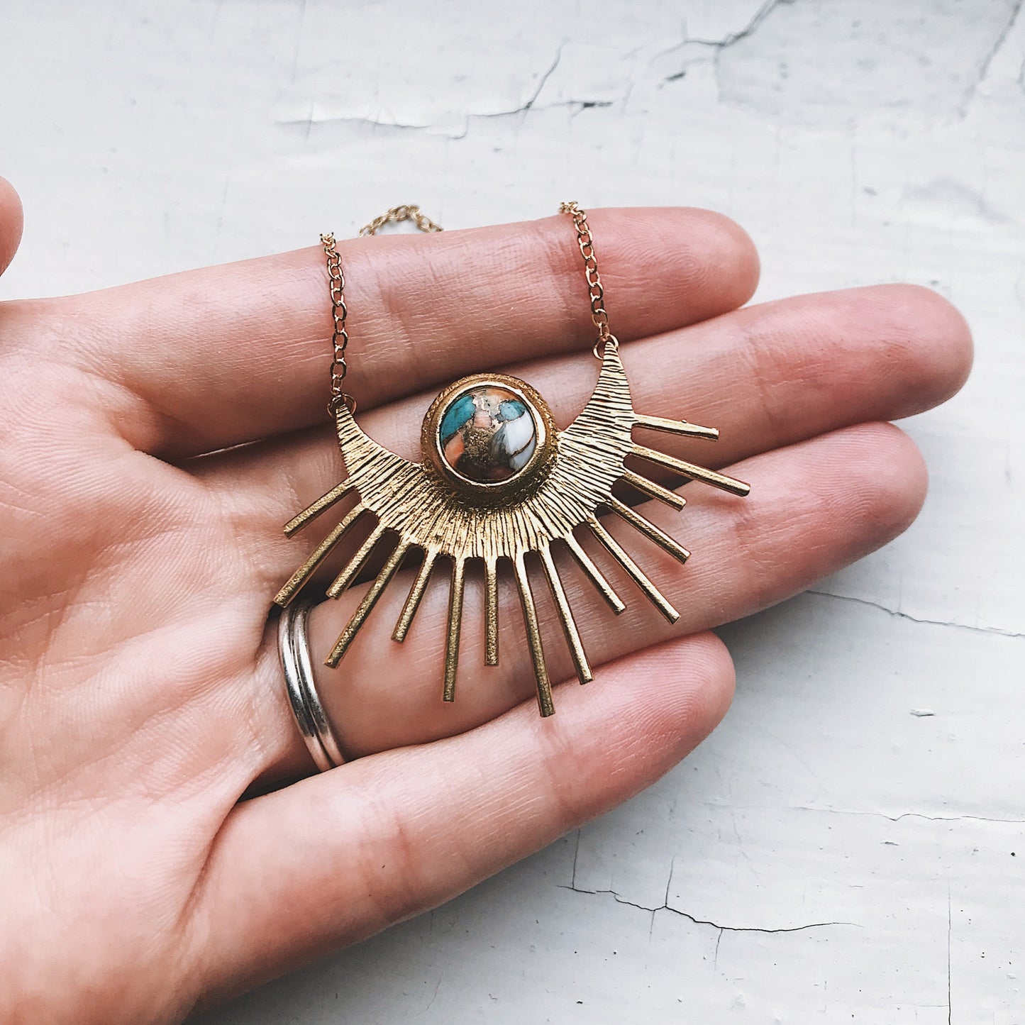 Sun Goddess Necklace - Sun Pendant with Copper Oyster Turquoise