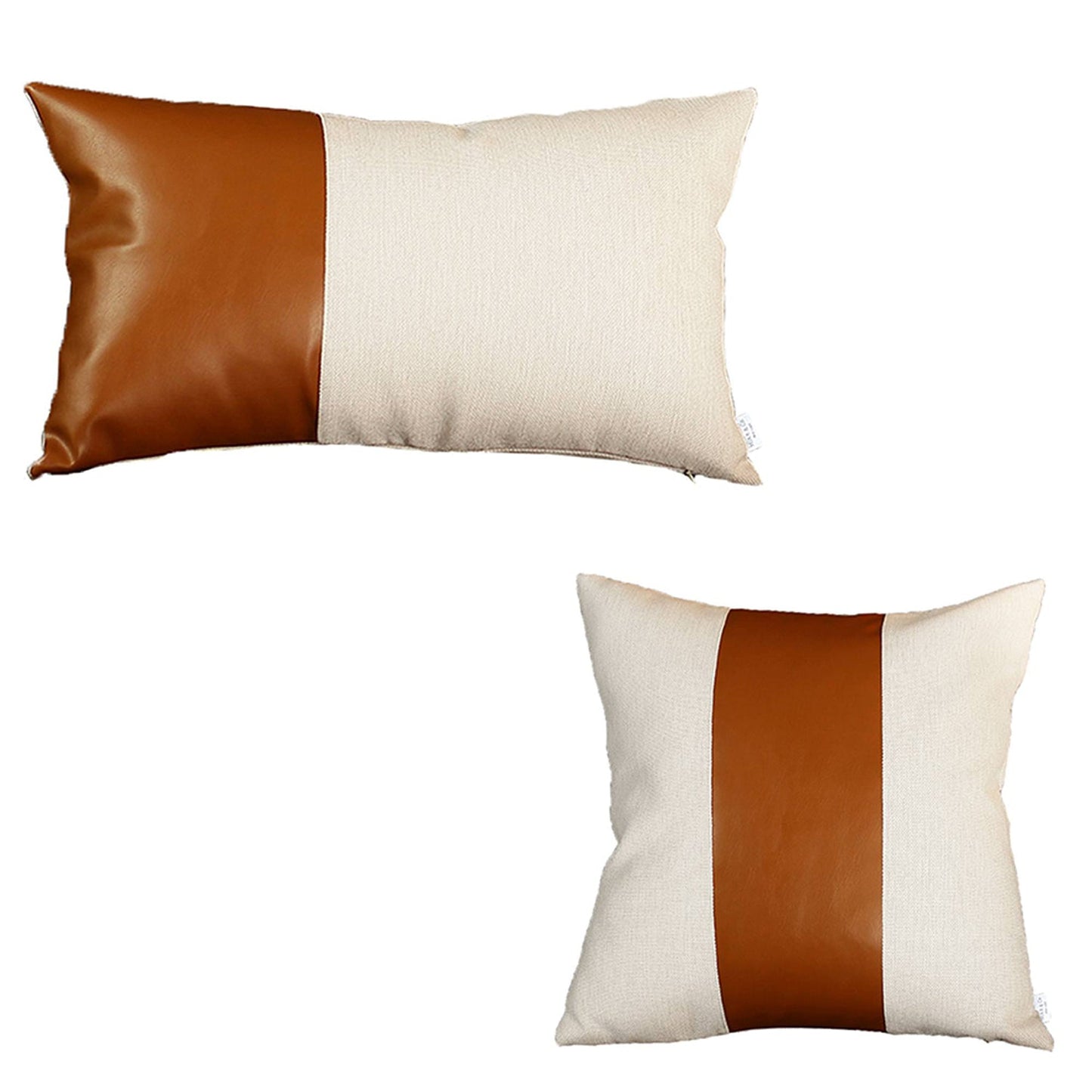 Boho Throw Pillow Brown Mixed Design Set of 2 Vegan Faux Leather Solid for Couch, Bedding