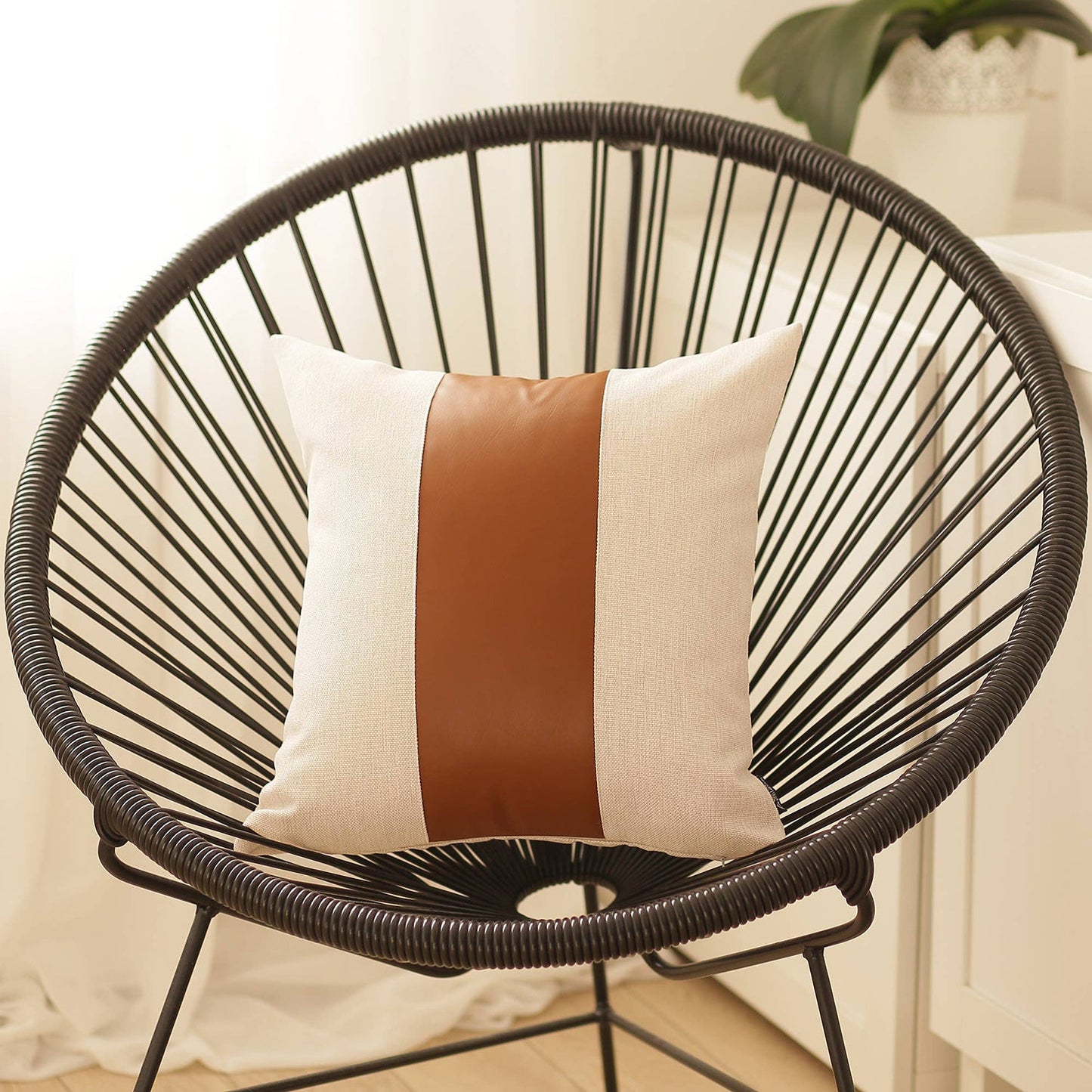 Boho Throw Pillow Brown Mixed Design Set of 2 Vegan Faux Leather Solid for Couch, Bedding