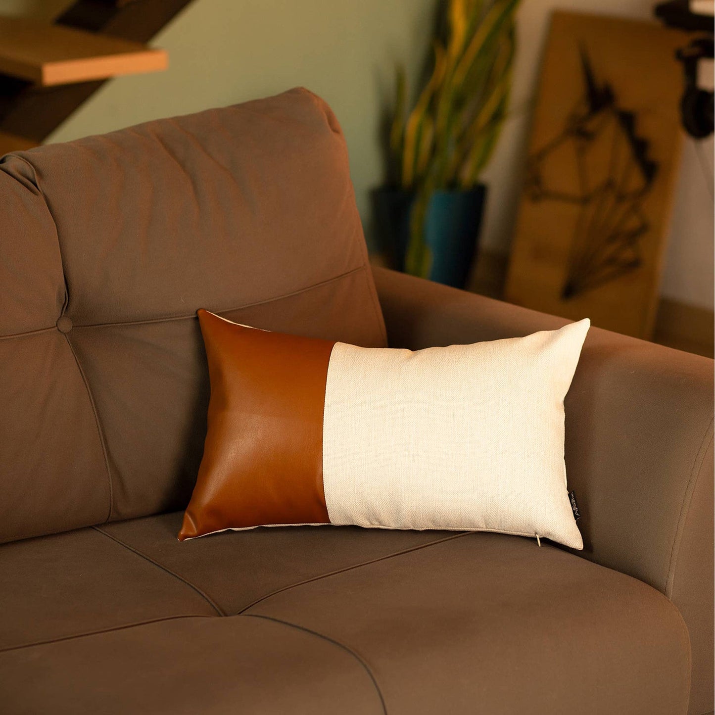 Boho Throw Pillow Brown Mixed Design Set of 2 Vegan Faux Leather Solid for Couch, Bedding