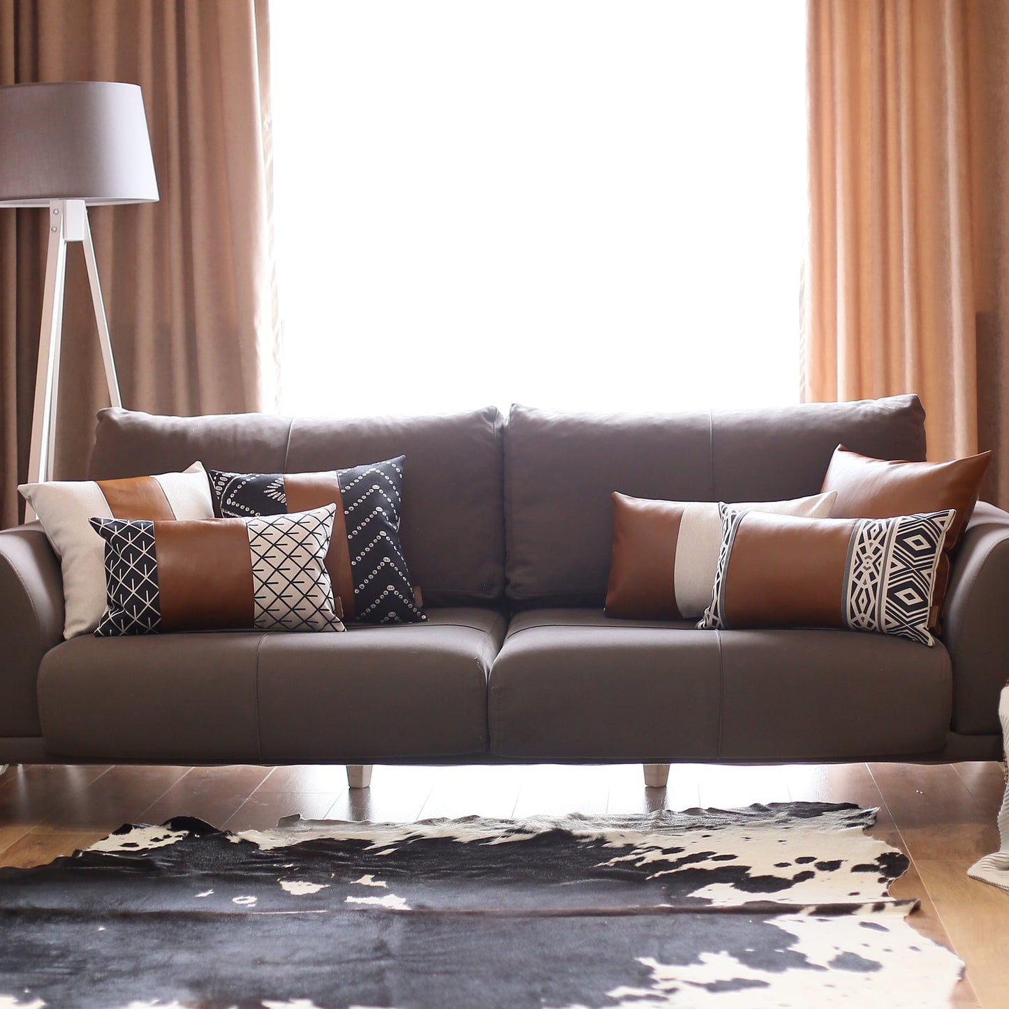Boho Throw Pillow Brown Mixed Design Set of 2 Vegan Faux Leather Solid for Couch, Bedding