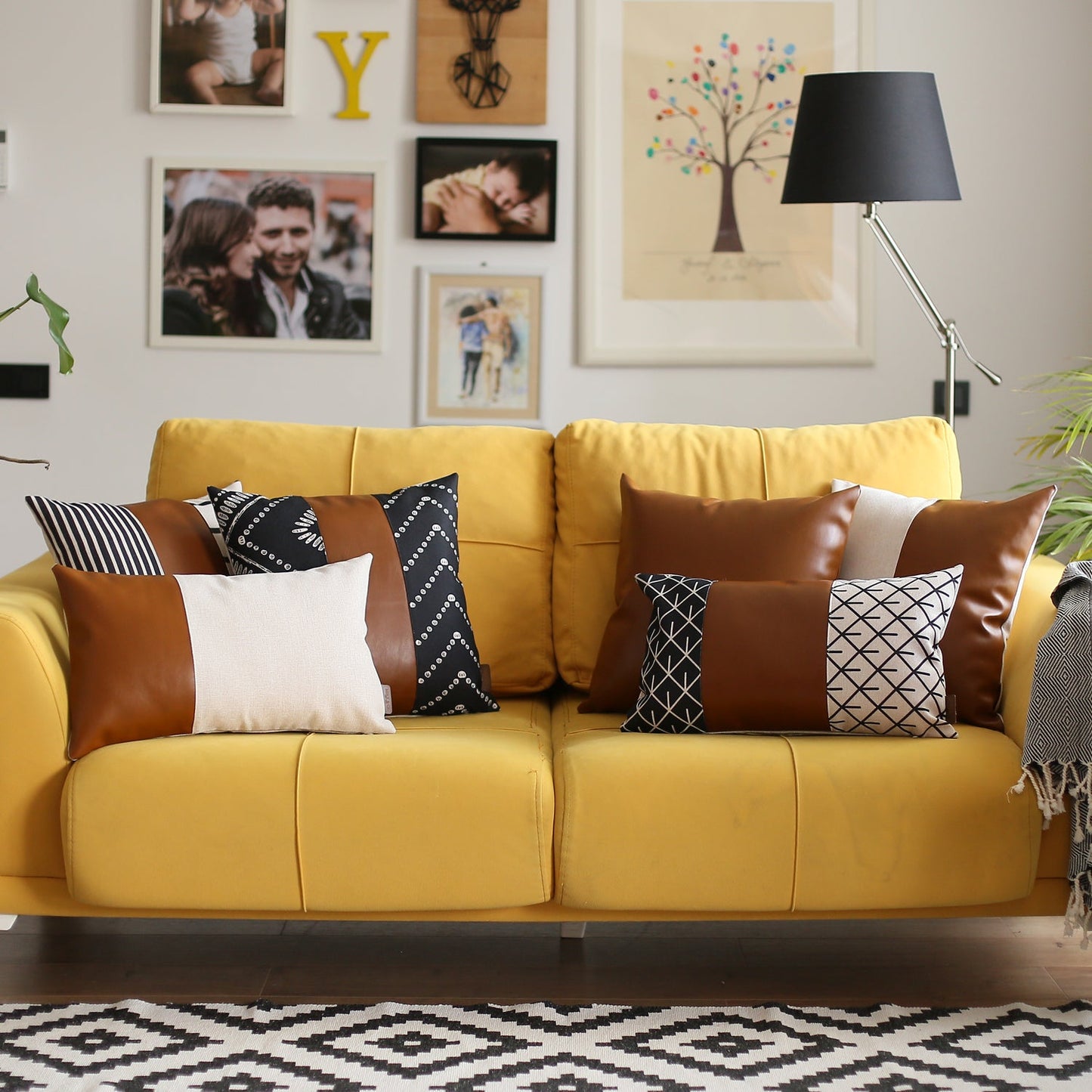 Boho Throw Pillow Brown Mixed Design Set of 2 Vegan Faux Leather Solid for Couch, Bedding