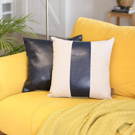Boho Throw Pillow 17" x 17" Navy Blue Mixed Design Set of 2 Vegan Faux Leather Solid for Couch, Bedding