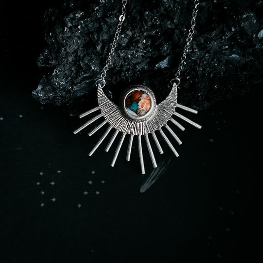 Sun Goddess Necklace - Sun Pendant with Copper Oyster Turquoise