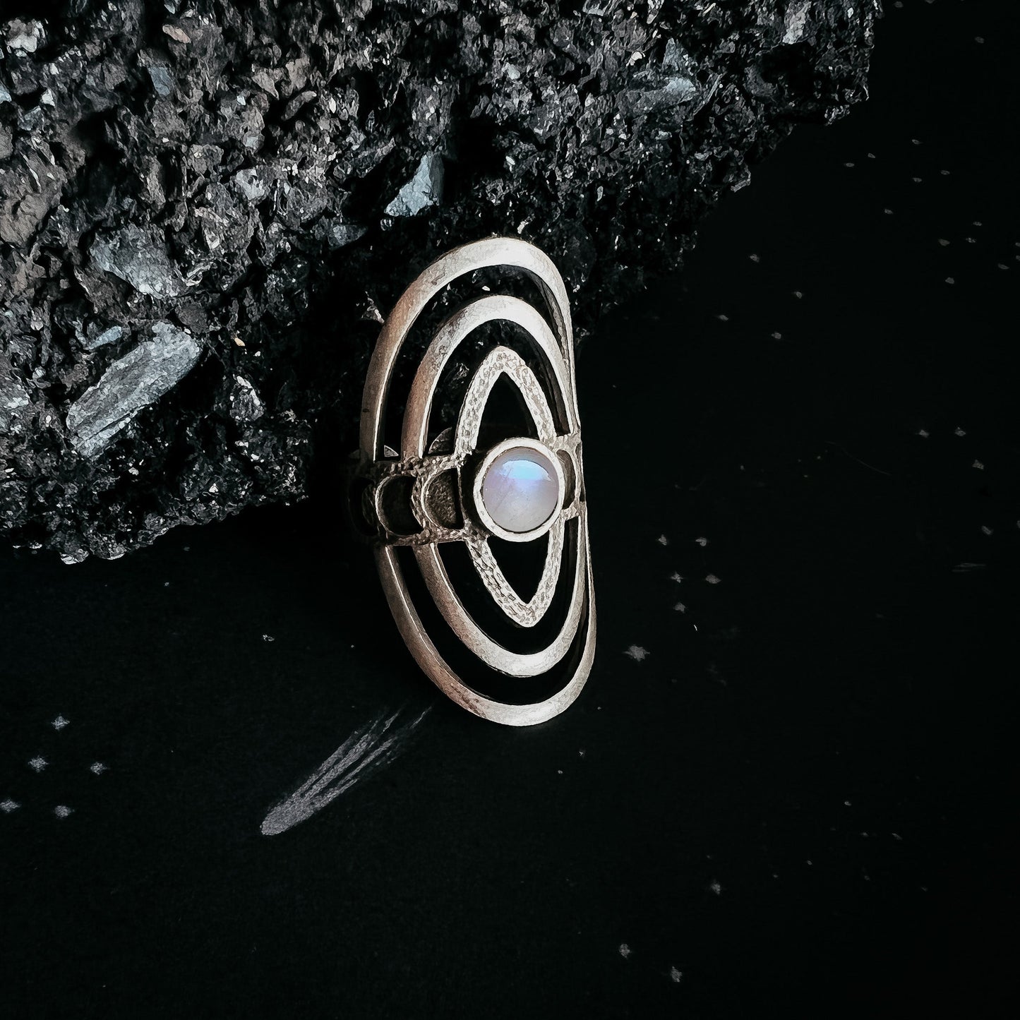 Cosmic Ripple Ring with Rainbow Moonstone and Phases of the Moon