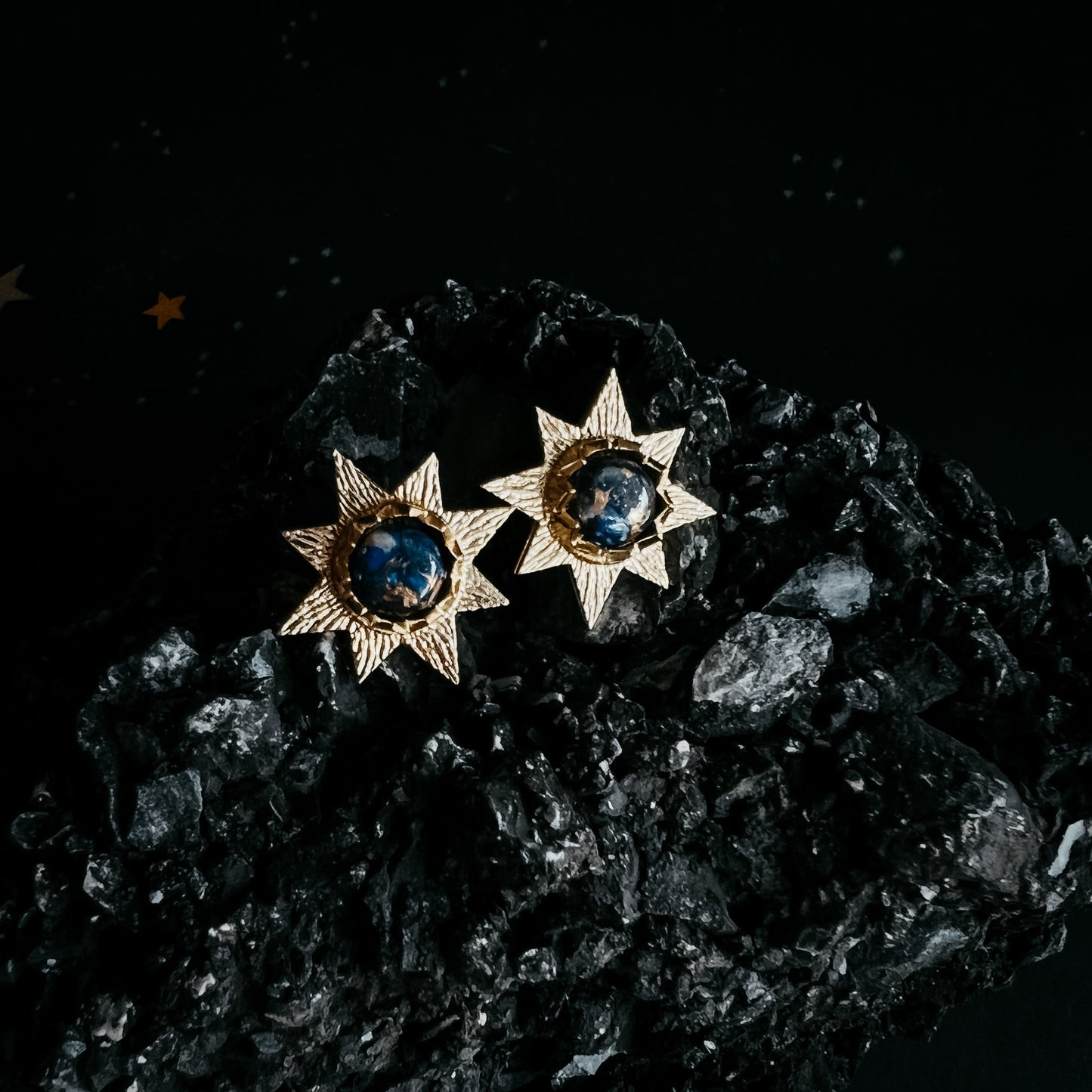 Dark Before the Dawn Sunburst Stud Earrings with Copper Lapis Lazuli