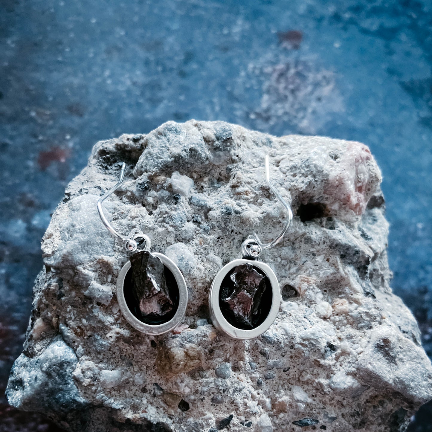 Oval Dangle Earrings with Raw Meteorite