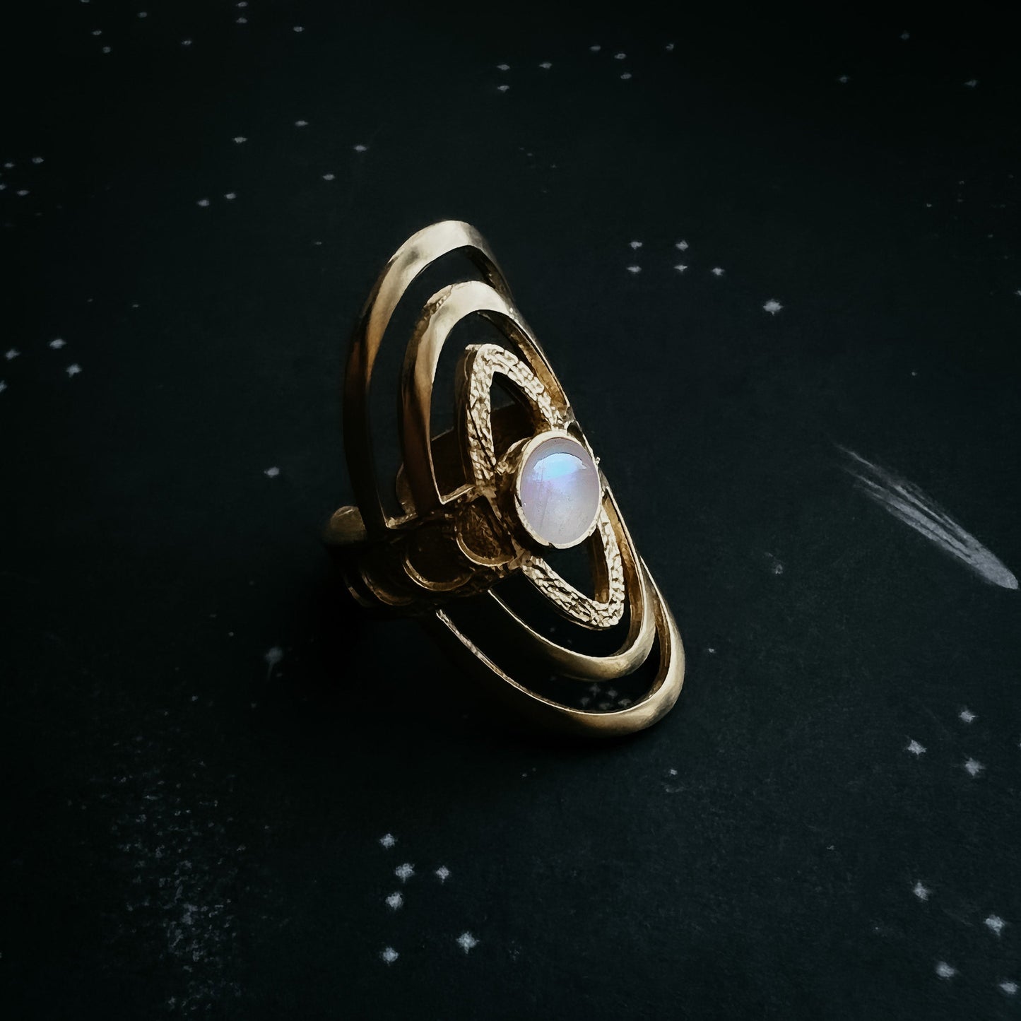 Cosmic Ripple Ring with Rainbow Moonstone and Phases of the Moon