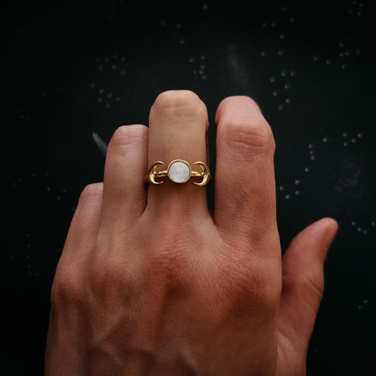 Lunar Witch Crescent Moon Ring with Rainbow Moonstone