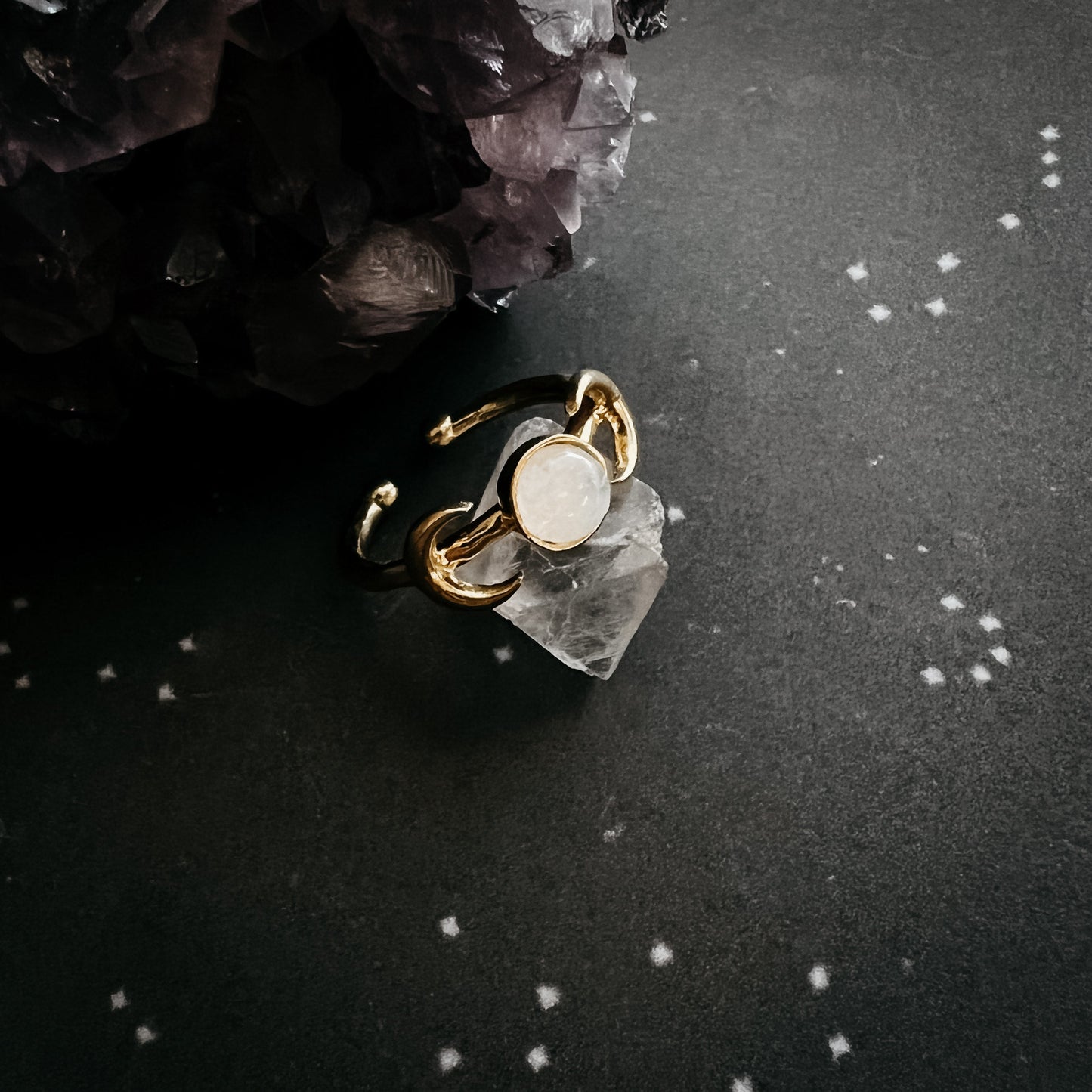 Lunar Witch Crescent Moon Ring with Rainbow Moonstone