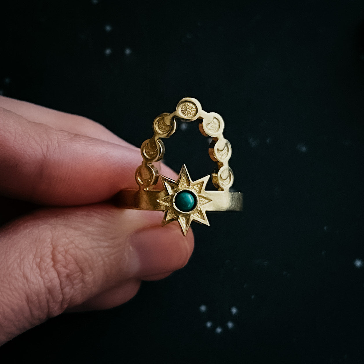 Cosmic Dance Ring with Turquoise, Moon Phases, and Sun