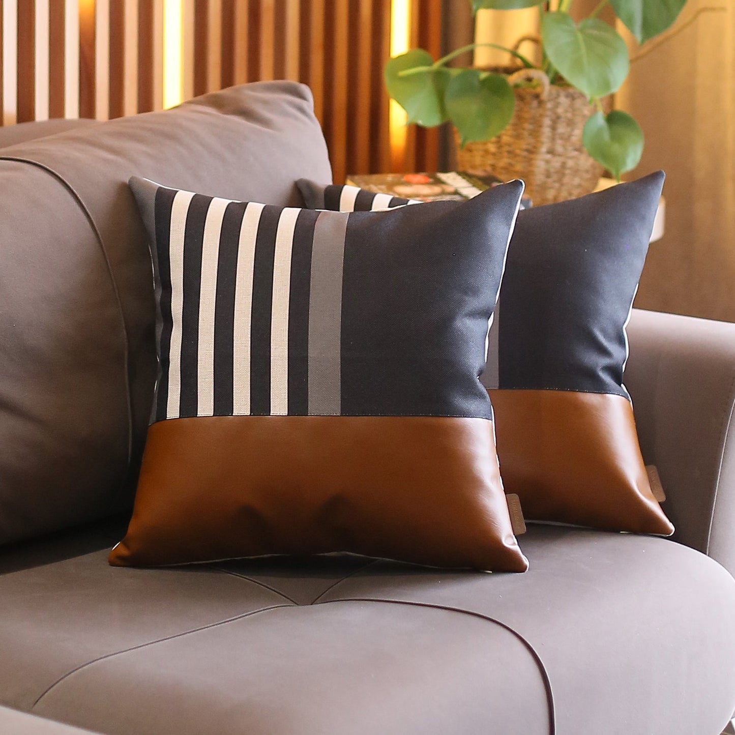 Boho-Chic Set of 2 Handcrafted Decorative Throw Pillow Cover Vegan Faux Leather Geometric Pillowcase for Couch, Bedding
