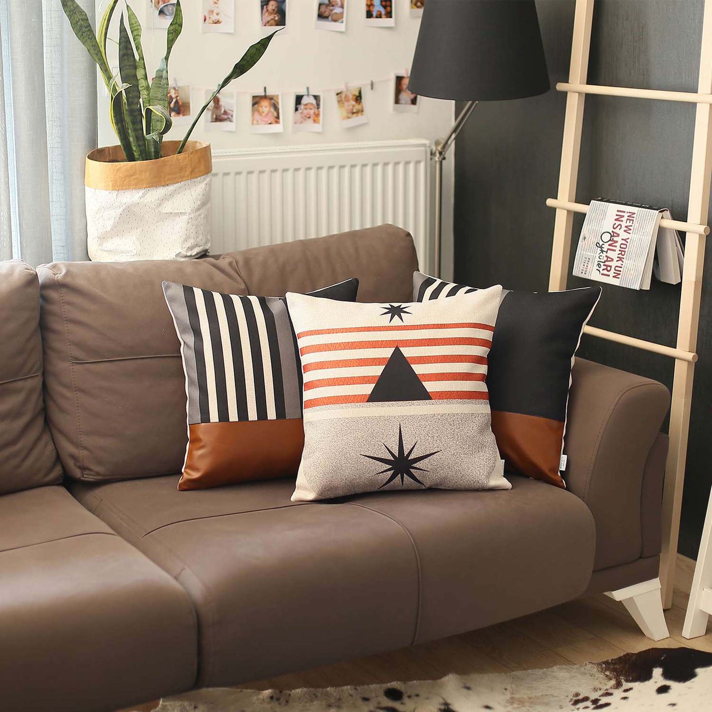 Boho-Chic Set of 2 Handcrafted Decorative Throw Pillow Cover Vegan Faux Leather Geometric Pillowcase for Couch, Bedding