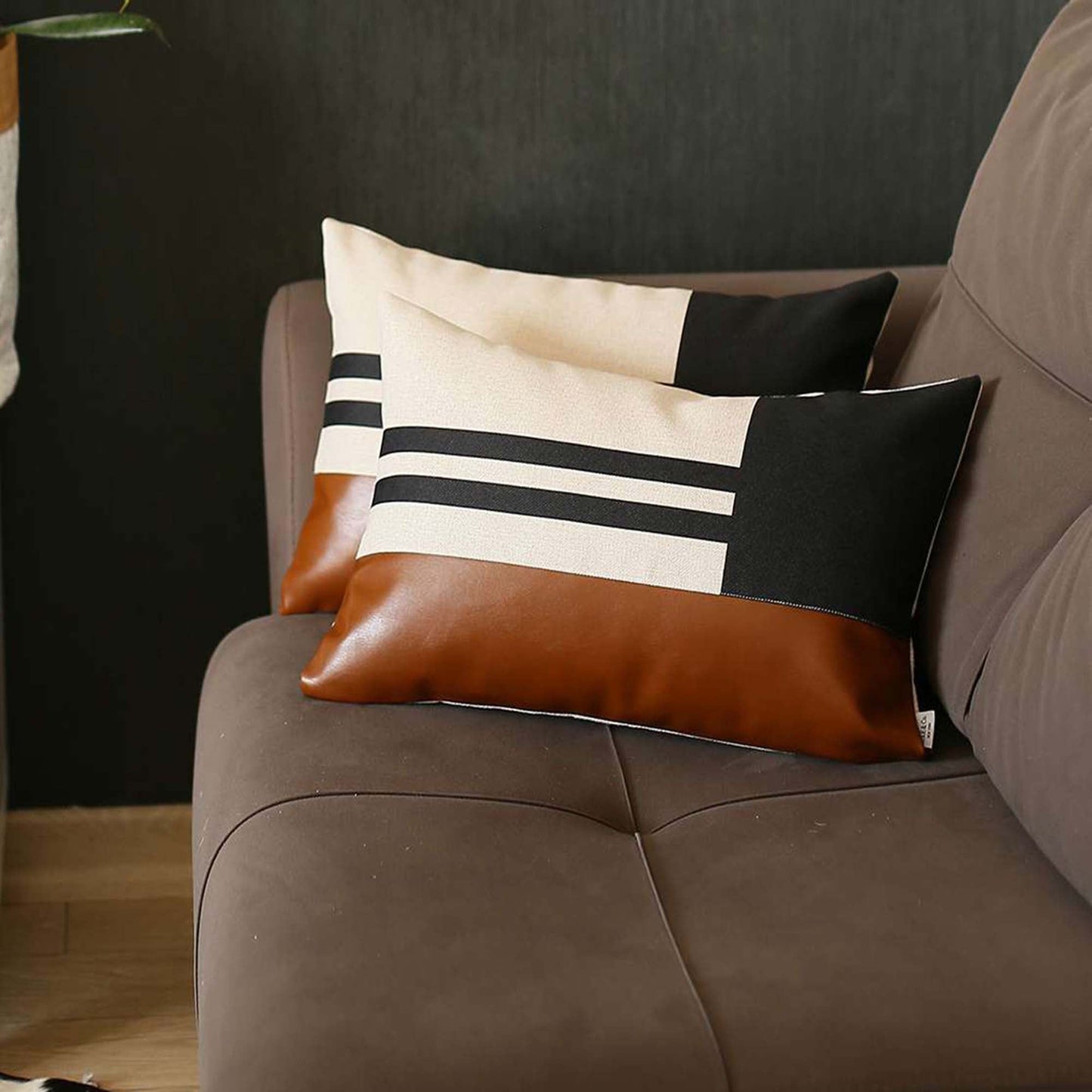Boho-Chic Set of 2 Handcrafted Decorative Throw Pillow Cover Vegan Faux Leather Geometric Pillowcase for Couch, Bedding
