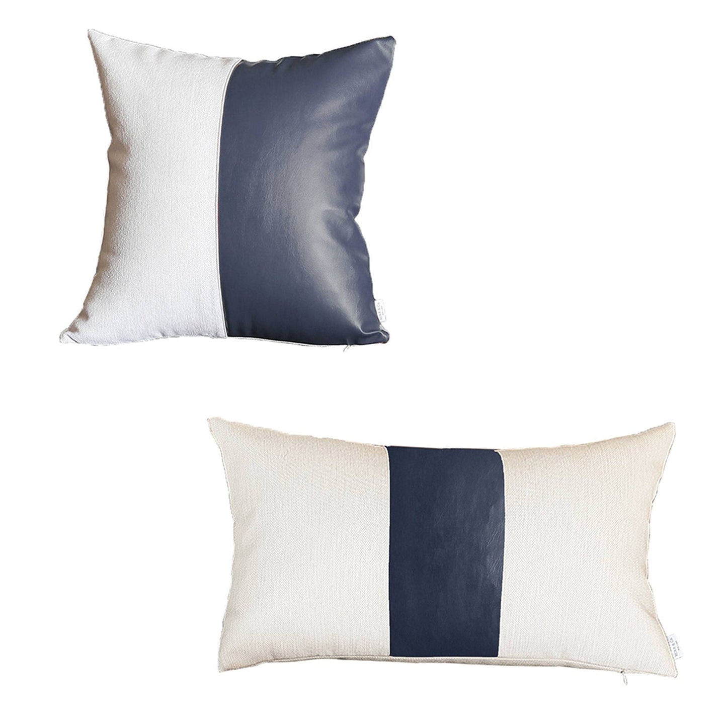 Bohemian Mixed Set of 2 Vegan Faux Leather Navy Blue Solid Throw Pillow Cover for Couch, Bedding
