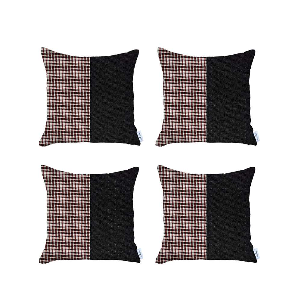 Boho-Chic Set of 4 Handcrafted Decorative Throw Pillow Cover Houndstooth Jacquard 18" x 18" Black & Red Square Pillowcase for Couch, Bedding