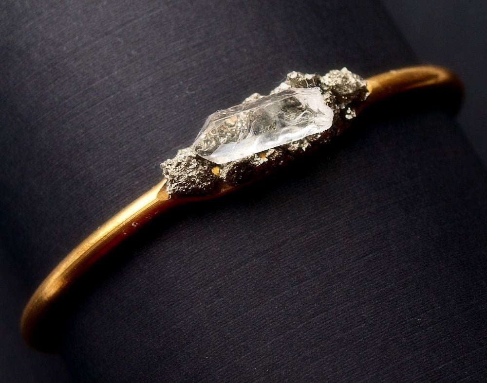 Pyrite and Quartz Gold Bangle, Pyrite Bracelet