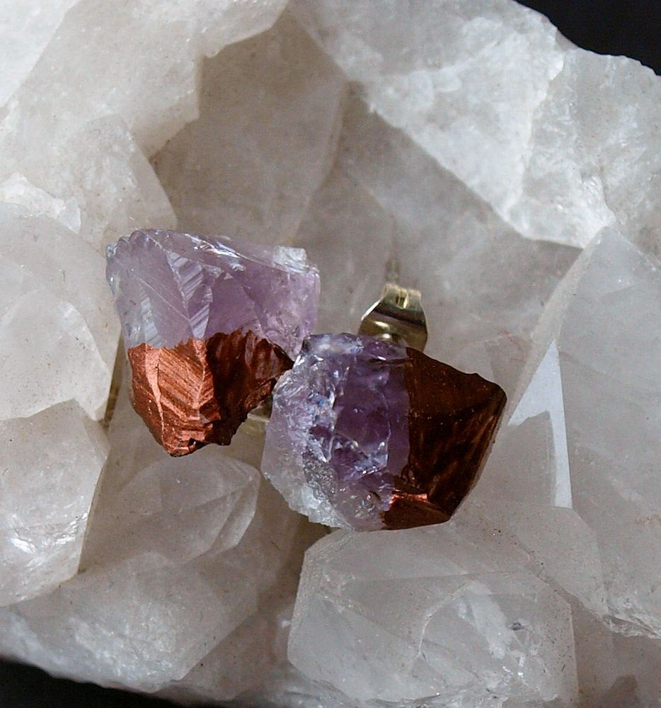 Bronze & Raw Amethyst Chunk Earrings, Geo Earrings, Rock Stud Earrings, Crystal Earrings