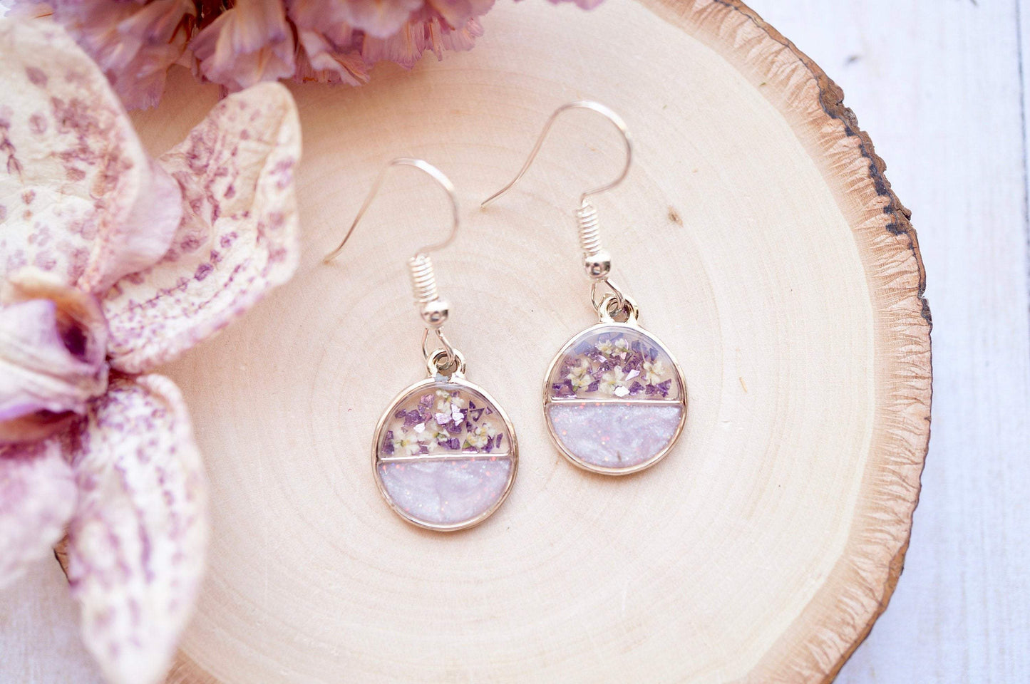 Real Dried Flowers and Resin Earrings, Circle Drops