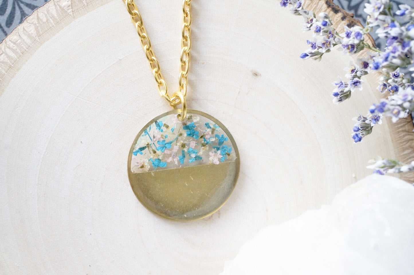 Real Dried Flowers in Resin, Brass Circle Necklace in Blue Pink White