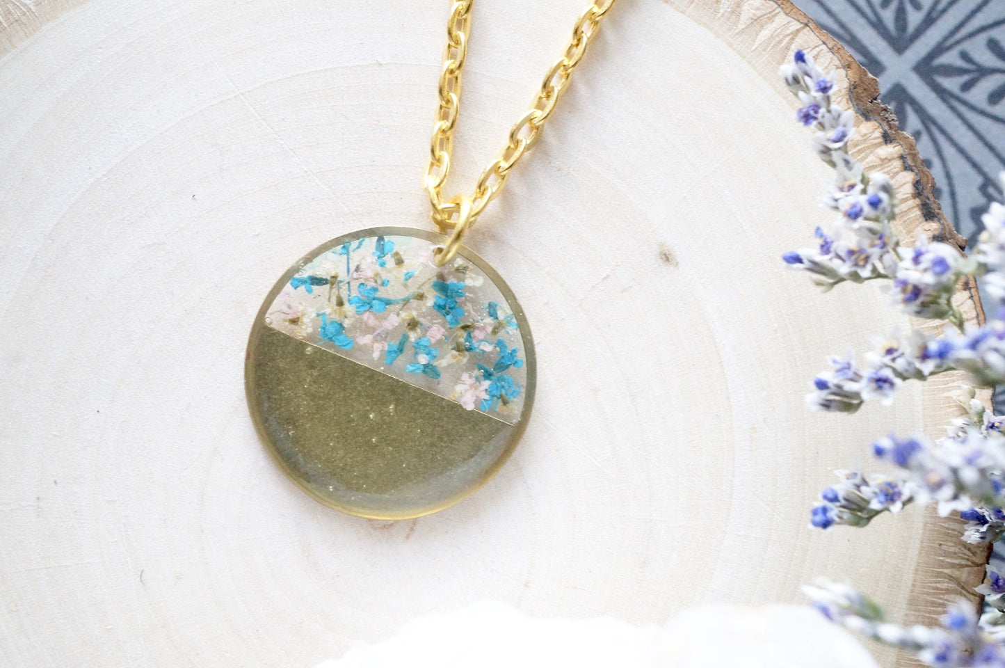 Real Dried Flowers in Resin, Brass Circle Necklace in Blue Pink White