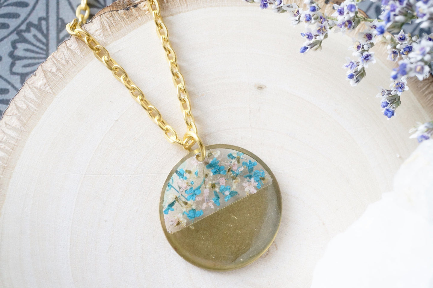 Real Dried Flowers in Resin, Brass Circle Necklace in Blue Pink White