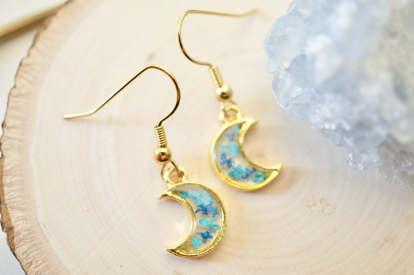 Real Pressed Flowers and Resin Drop Earrings, Gold Moons in Teal and Blue