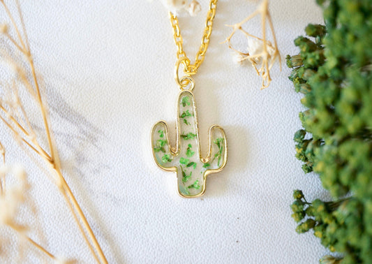 Real Pressed Flowers in Resin, Gold Cactus Necklace in Green