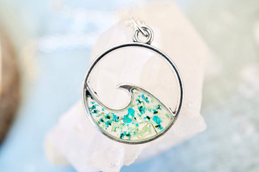 Real Pressed Flowers in Resin, Silver Circle Wave Necklace in Teal and Mint