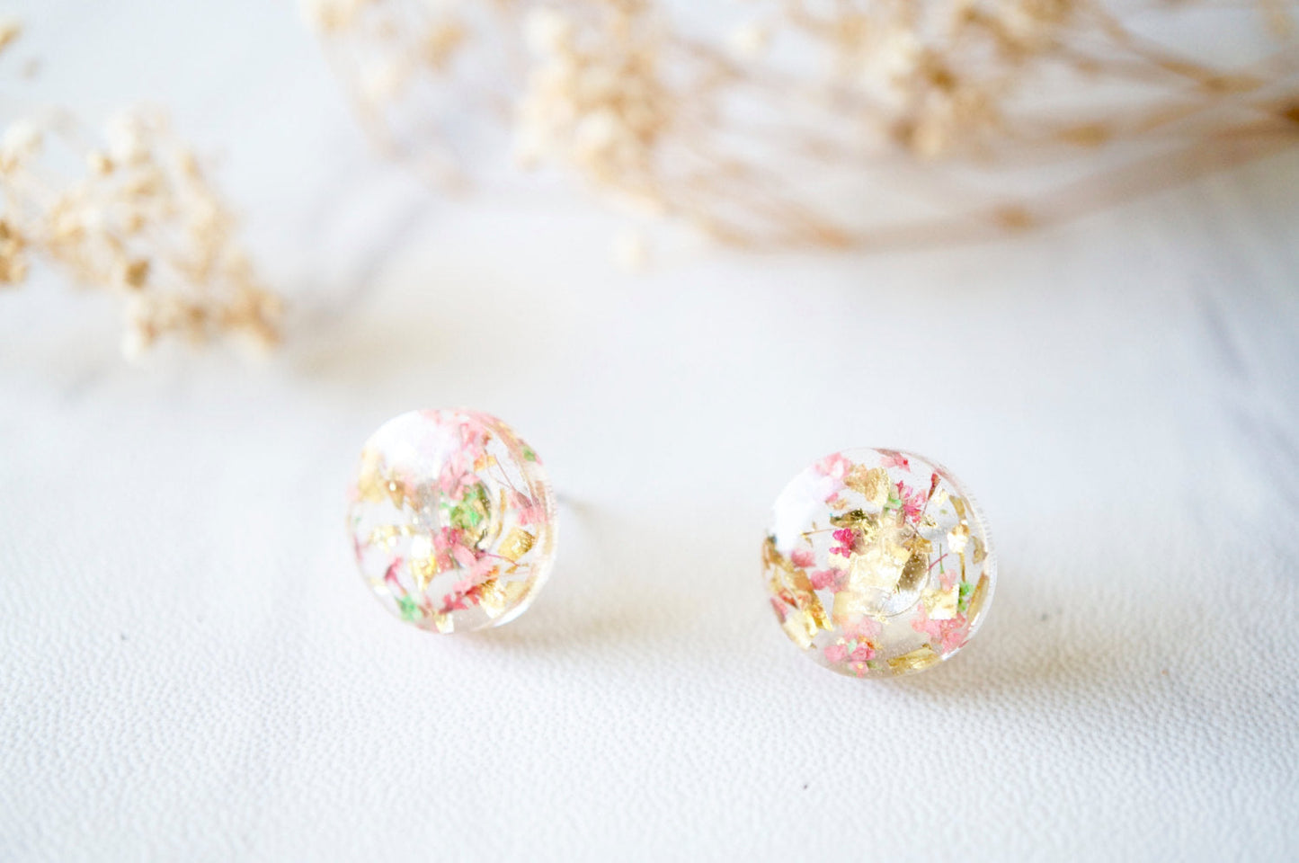 Real Dried Flowers and Resin Circle Stud Earrings in Pink Green Gold Flakes