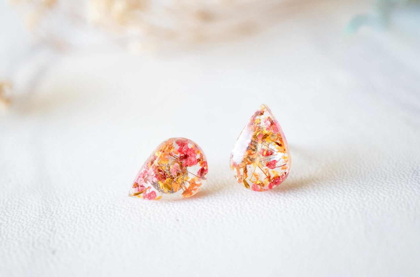 Real Dried Flowers and Resin Teardrop Stud Earrings in Pink Orange Yellow