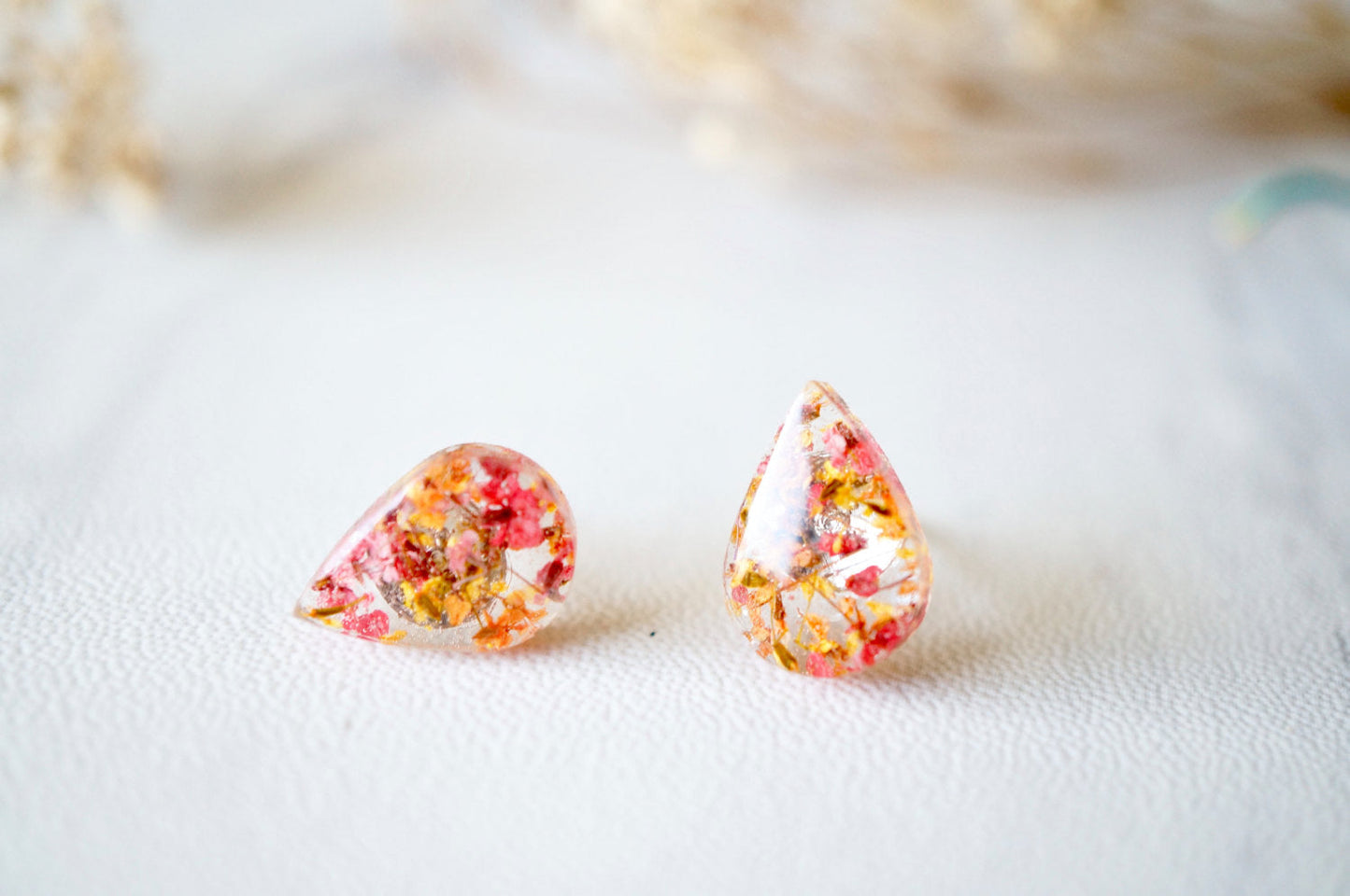 Real Dried Flowers and Resin Teardrop Stud Earrings in Pink Orange Yellow