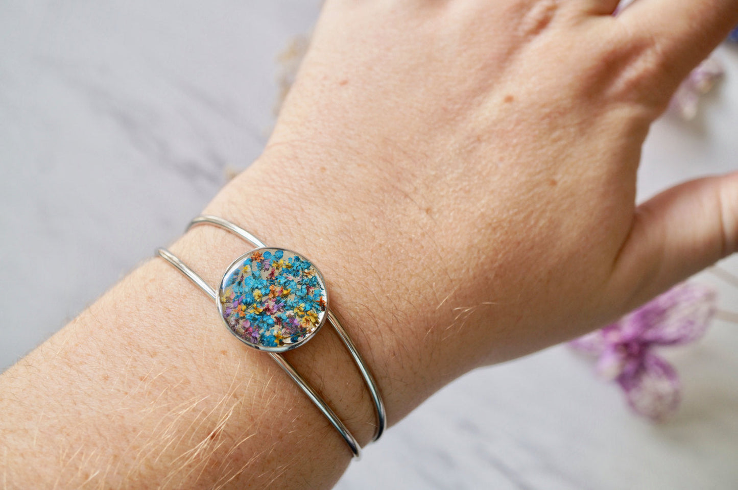 Real Pressed Flowers and Resin Bracelet in Rose Gold with Mint Blue Yellow Pink