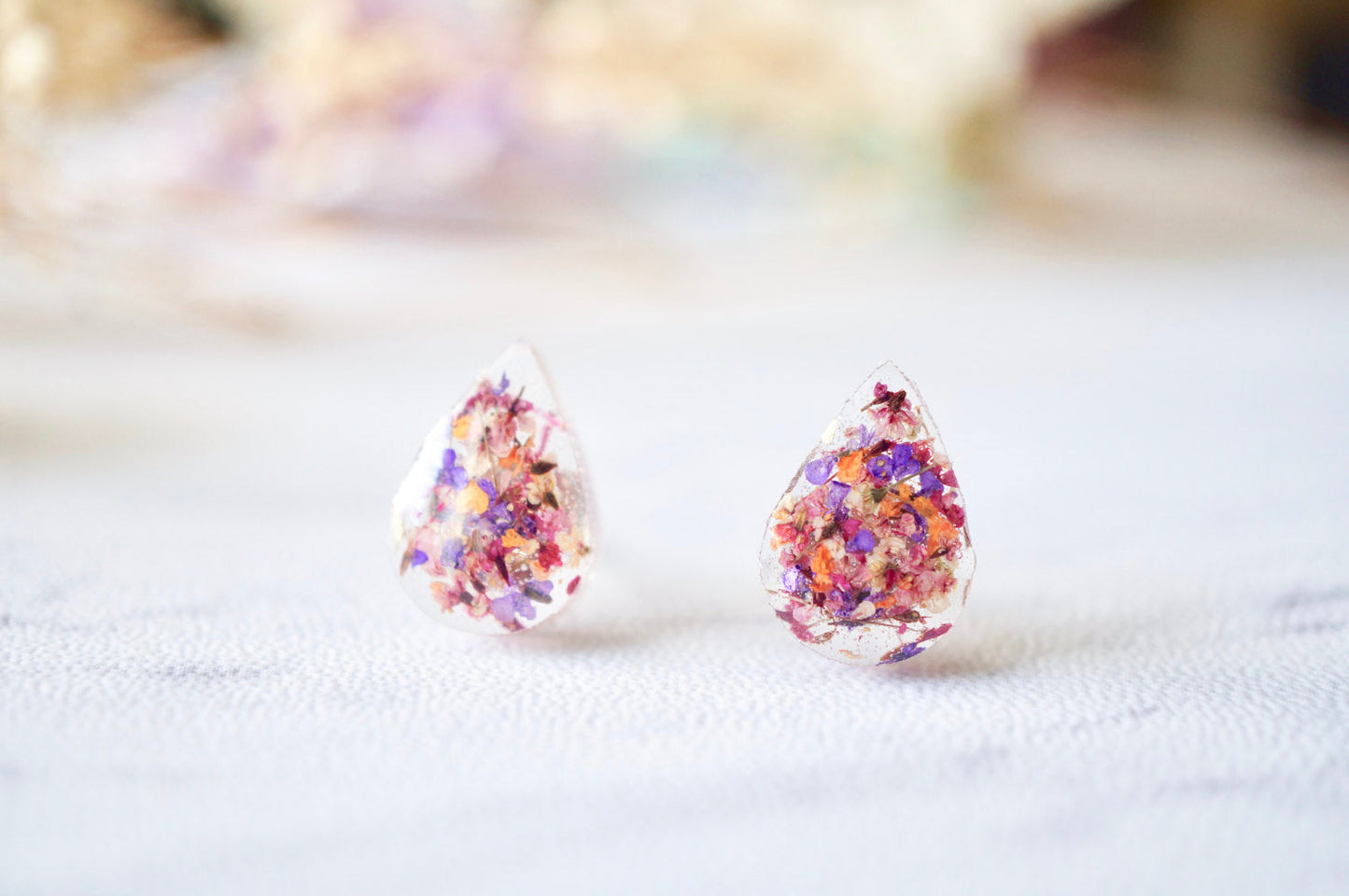 Real Dried Flowers and Resin Teardrop Stud Earrings in Pink Purple Orange