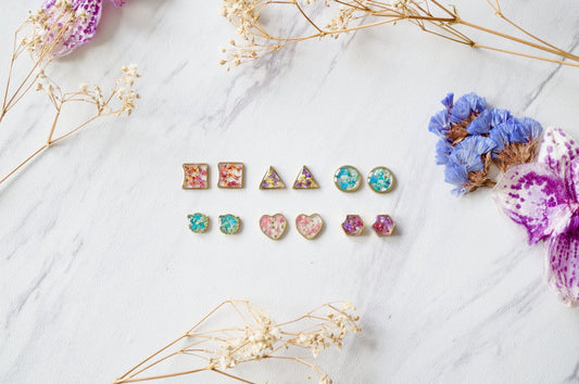 Real Pressed Flowers and Resin, Silver Square Stud Earrings in Orange White Teal