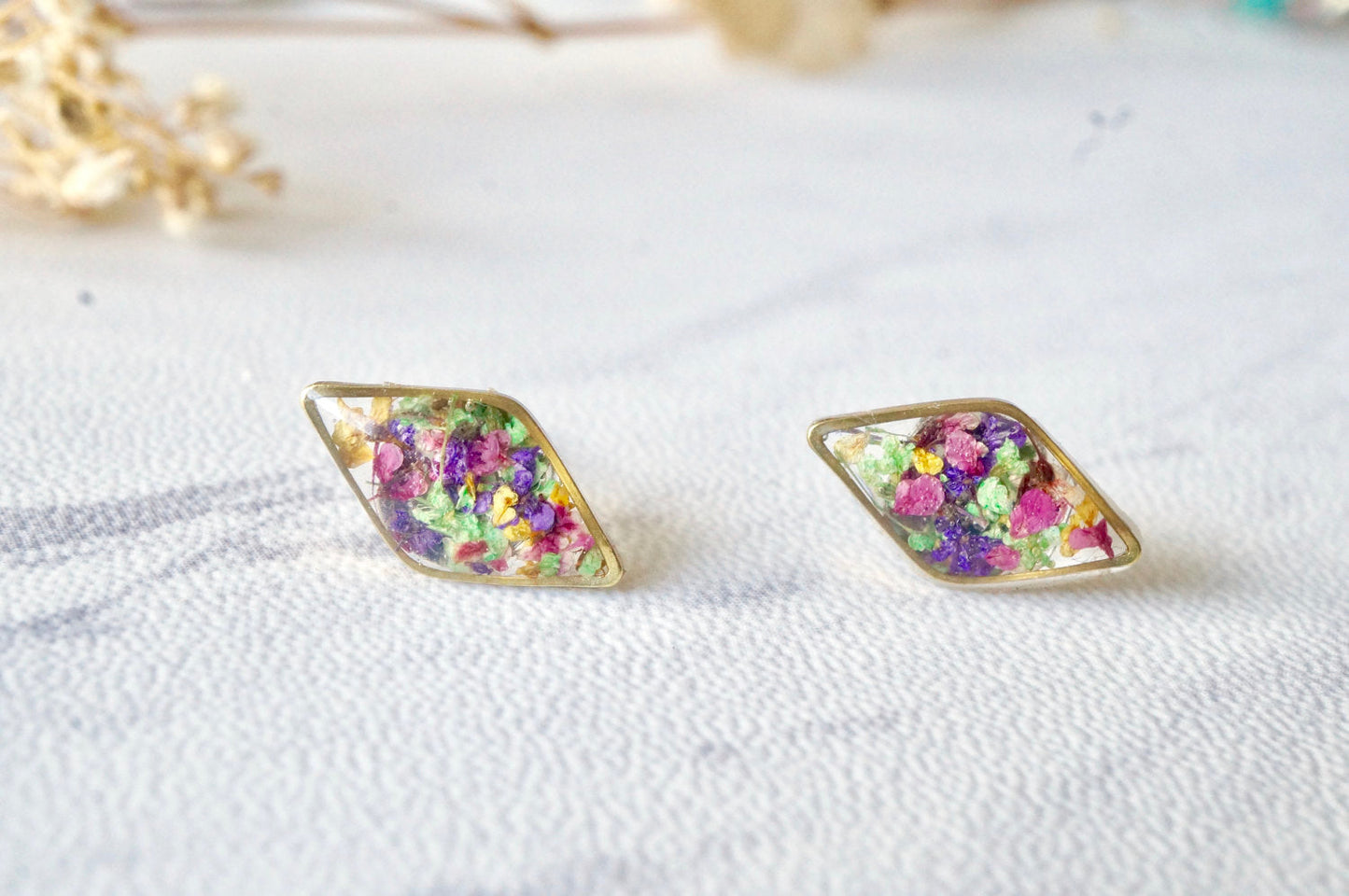 Real Dried Flowers and Resin Diamond Stud Earrings in Purple Pink Green Yellow Mix