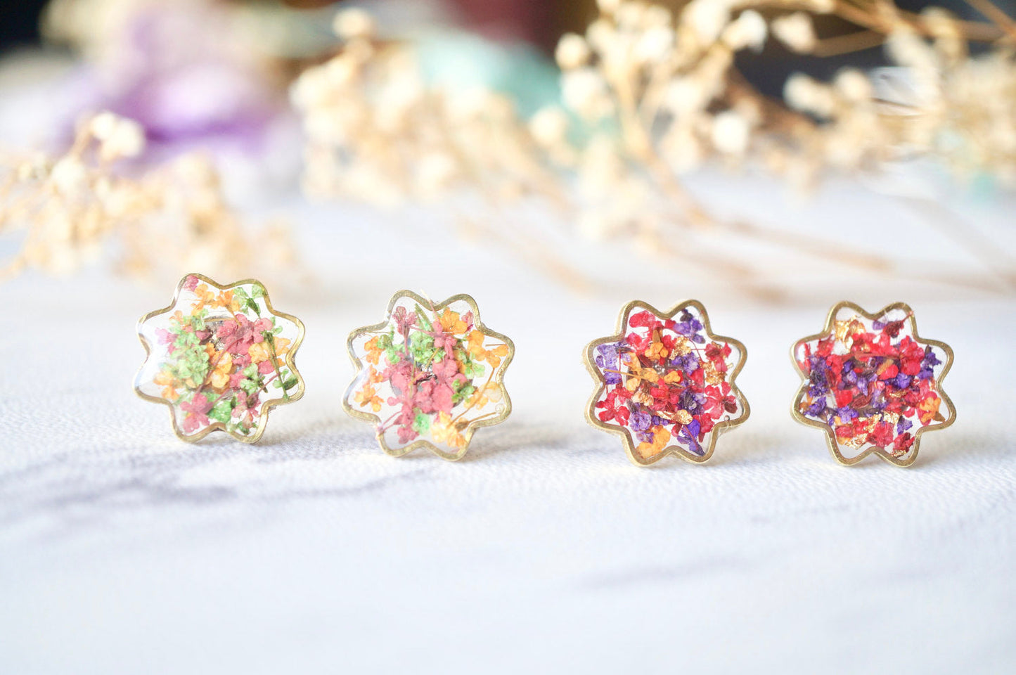 Real Dried Flowers and Resin Flower Stud Earrings in Pink Green Orange Mix