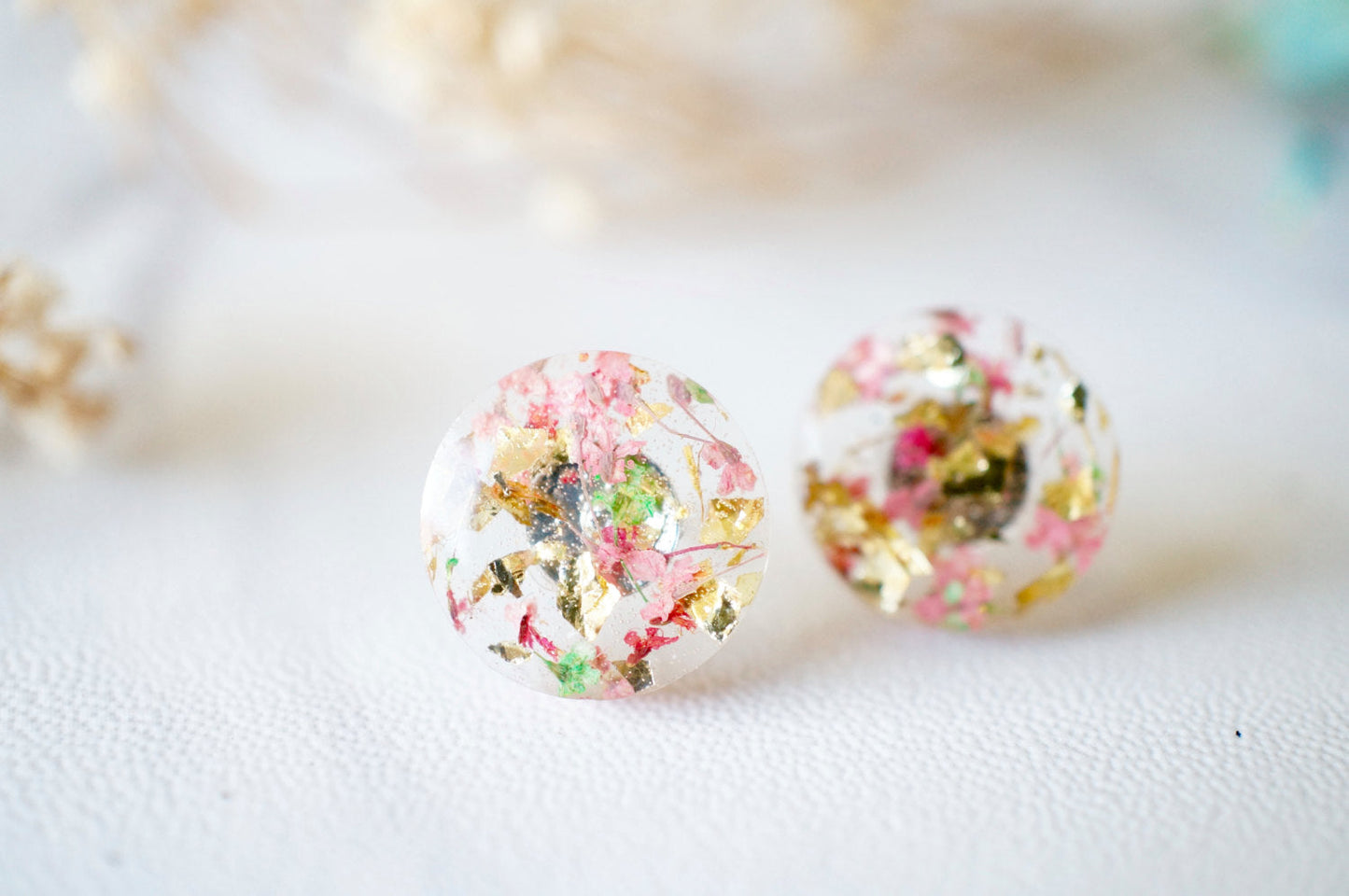 Real Dried Flowers and Resin Circle Stud Earrings in Pink Green Gold Flakes