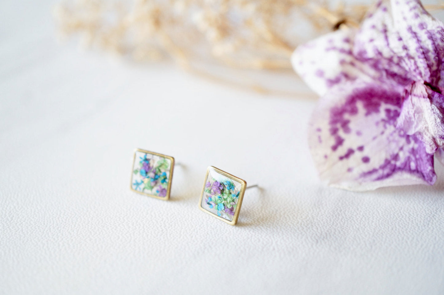 Real Dried Flowers and Resin Square Stud Earrings in Purple Blue Green